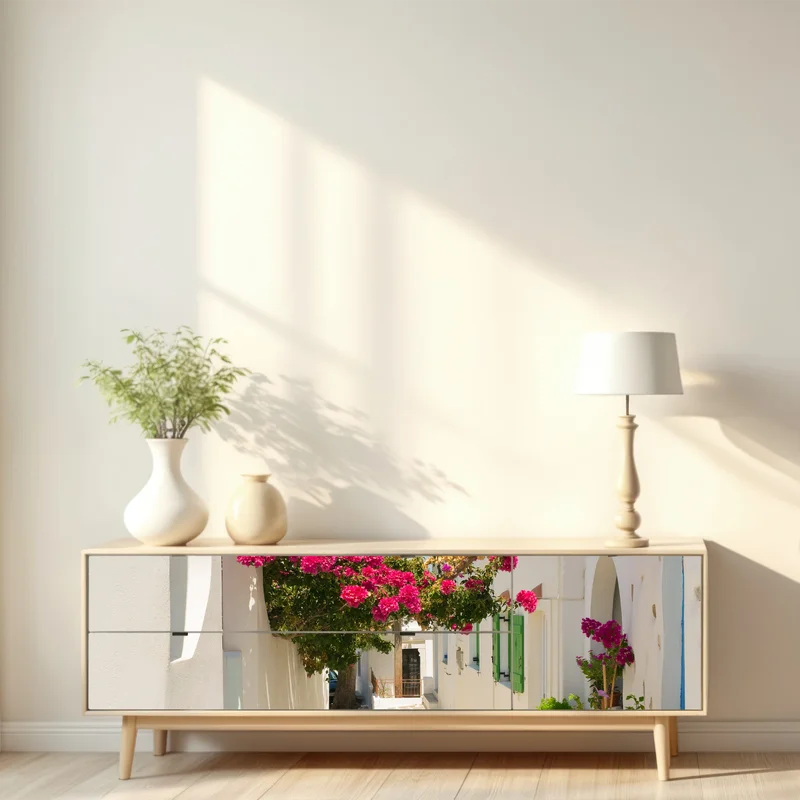 Repositionierbarer Aufkleber sonnige mediterrane gasse mit bougainvillea