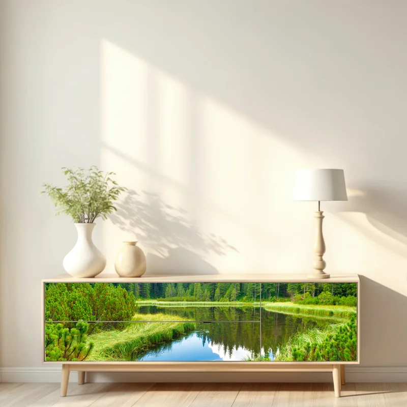 Repositionierbarer Aufkleber ruhiger waldsee mit hölzerner brücke