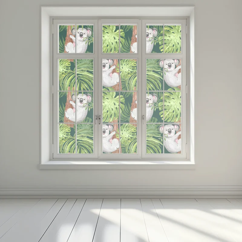 Fensteraufkleber niedliches aquarell-koala-muster mit tropischen blättern