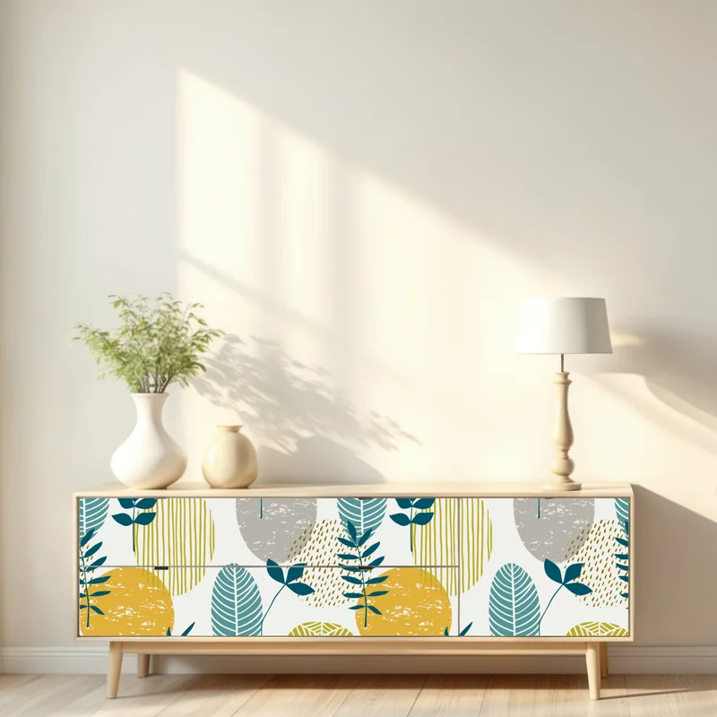 Repositionierbarer Aufkleber türkis-senfgelbes botanisches muster