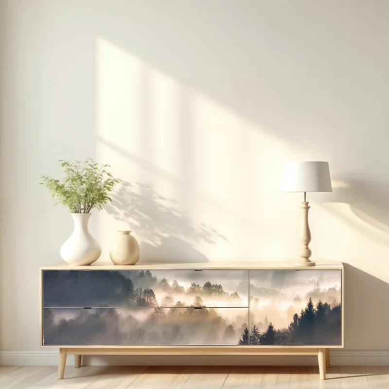 Repositionierbarer Aufkleber nebliger wald im morgengrauen