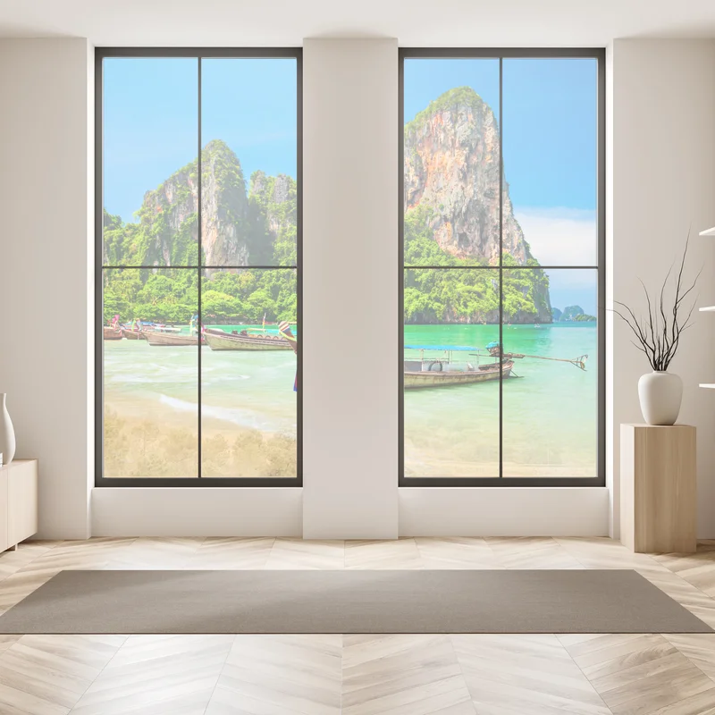 Fensteraufkleber longtail-boote an einem tropischen strand, Thailand