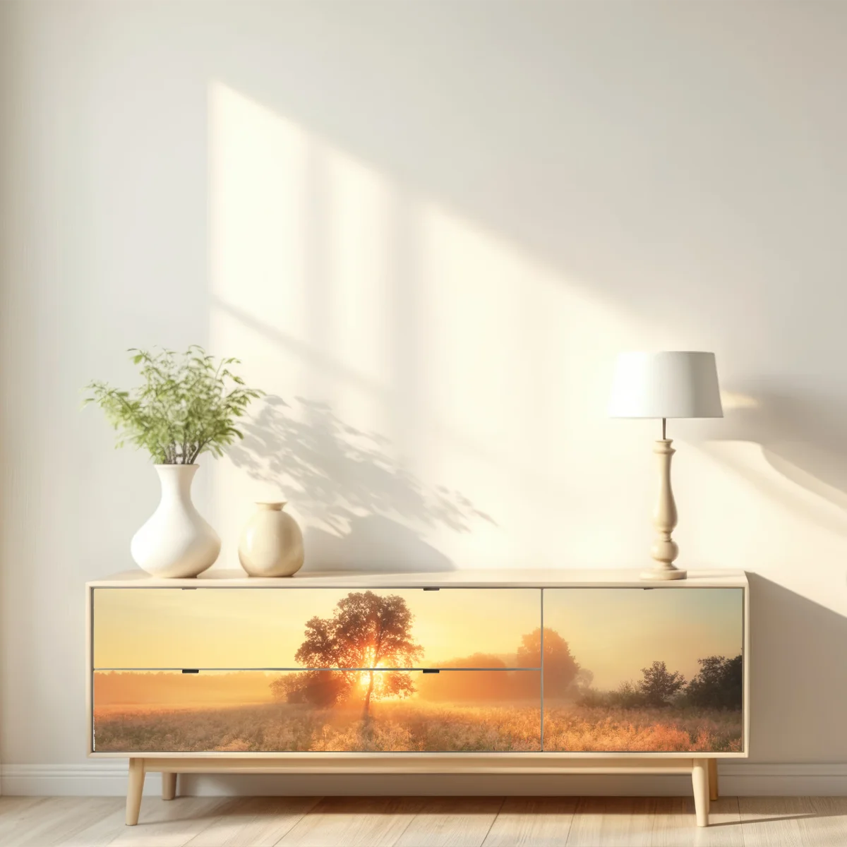 Repositionierbarer Aufkleber goldener sonnenaufgang über nebliger wiese Repositionierbarer Aufkleber goldener sonnenaufgang über nebliger wiese