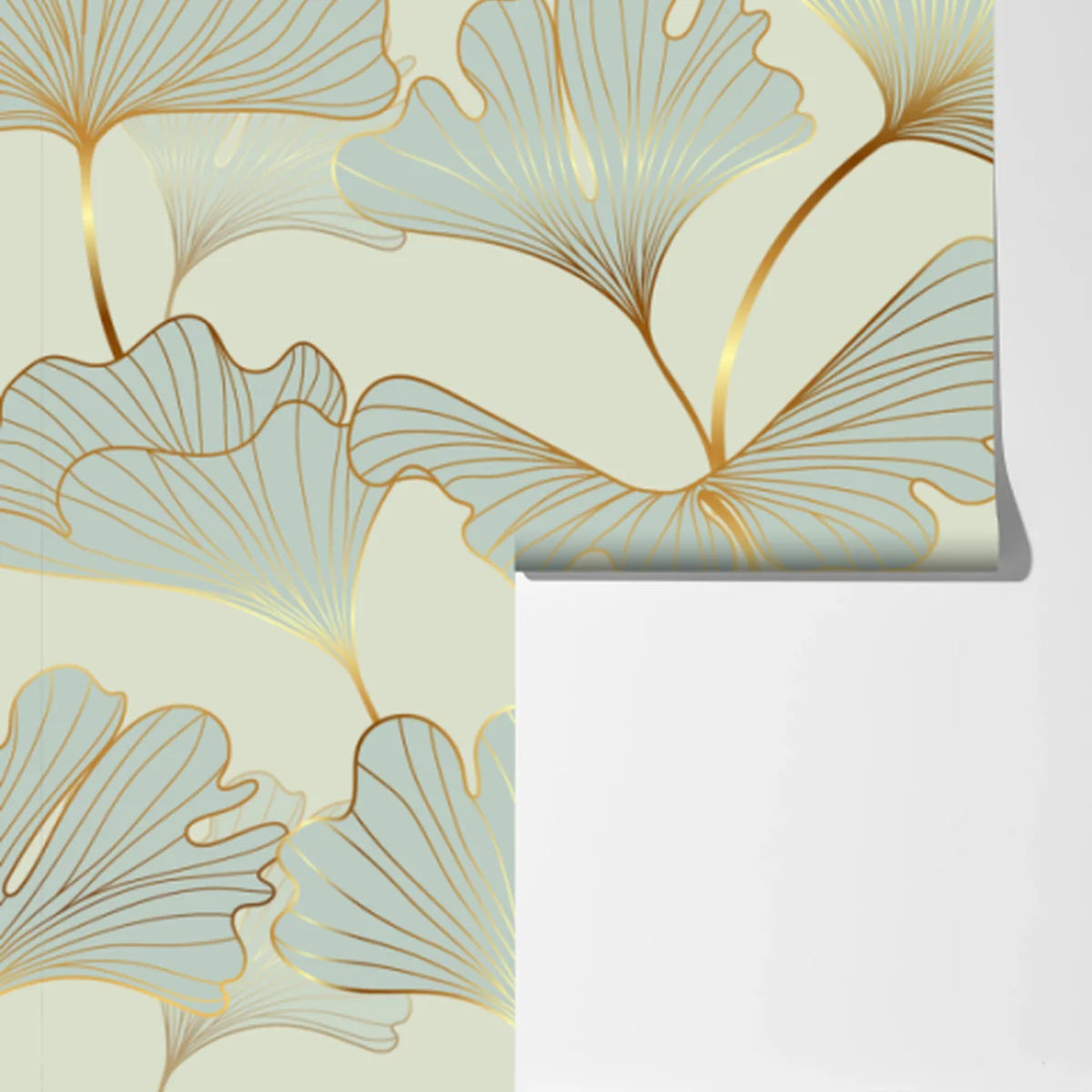 Fototapete pastell ginkgo blättermuster mit goldakzenten Fototapete pastell ginkgo blättermuster mit goldakzenten