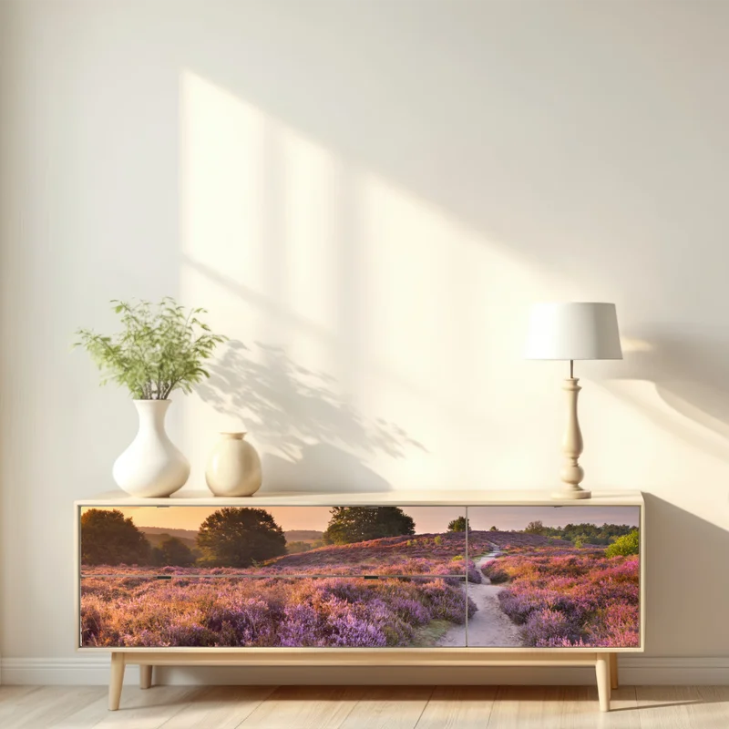 Repositionierbarer Aufkleber Posbank bei sonnenaufgang über blühender heide