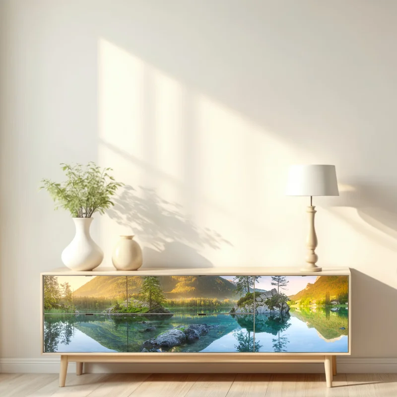 Repositionierbarer Aufkleber alpensee bei sonnenaufgang mit spiegelnder reflexion Repositionierbarer Aufkleber alpensee bei sonnenaufgang mit spiegelnder reflexion