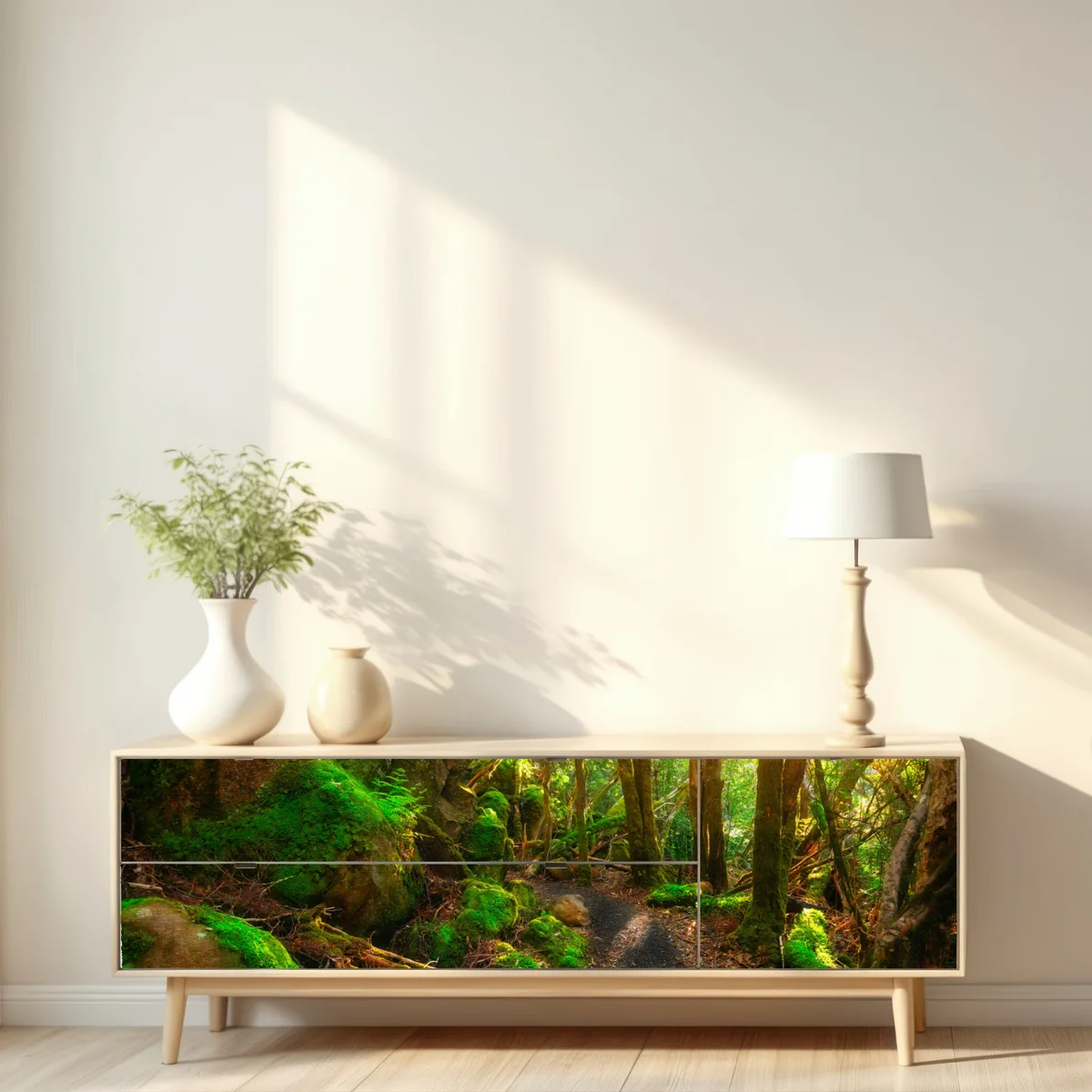 Repositionierbarer Aufkleber sonniger pfad im regenwald der Tasman-Halbinsel, Tasmanien Repositionierbarer Aufkleber sonniger pfad im regenwald der Tasman-Halbinsel, Tasmanien