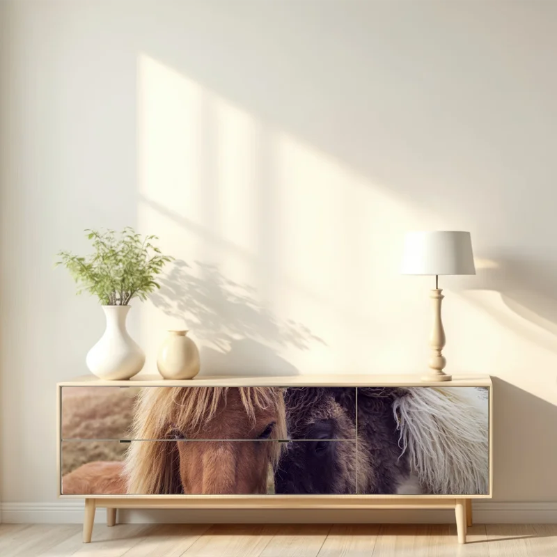 Repositionierbarer Aufkleber zwei pferde auf einem nebligen hügel, Färöer-Inseln