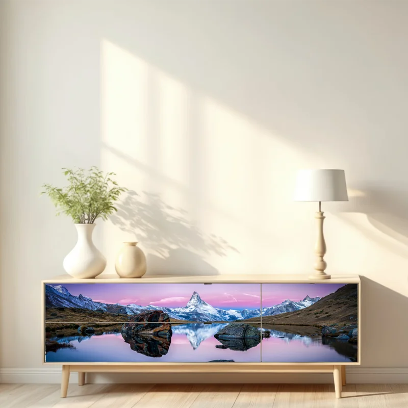 Repositionierbarer Aufkleber sanfte alpine spiegelung bei dämmerung