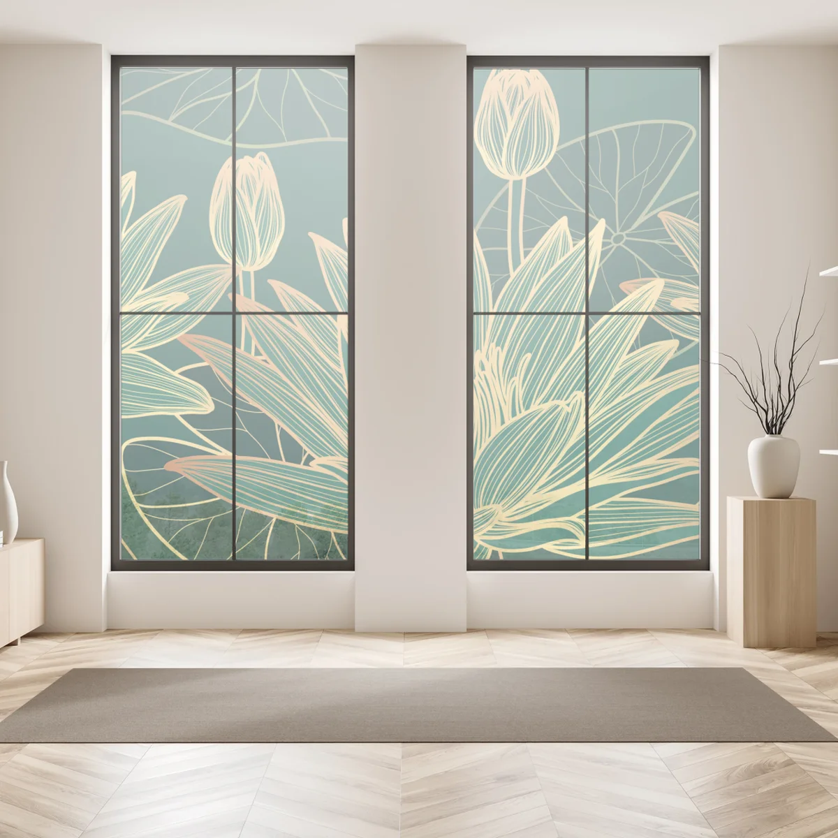 Fensteraufkleber goldene lotosblüten auf grünem hintergrund Fensteraufkleber goldene lotosblüten auf grünem hintergrund