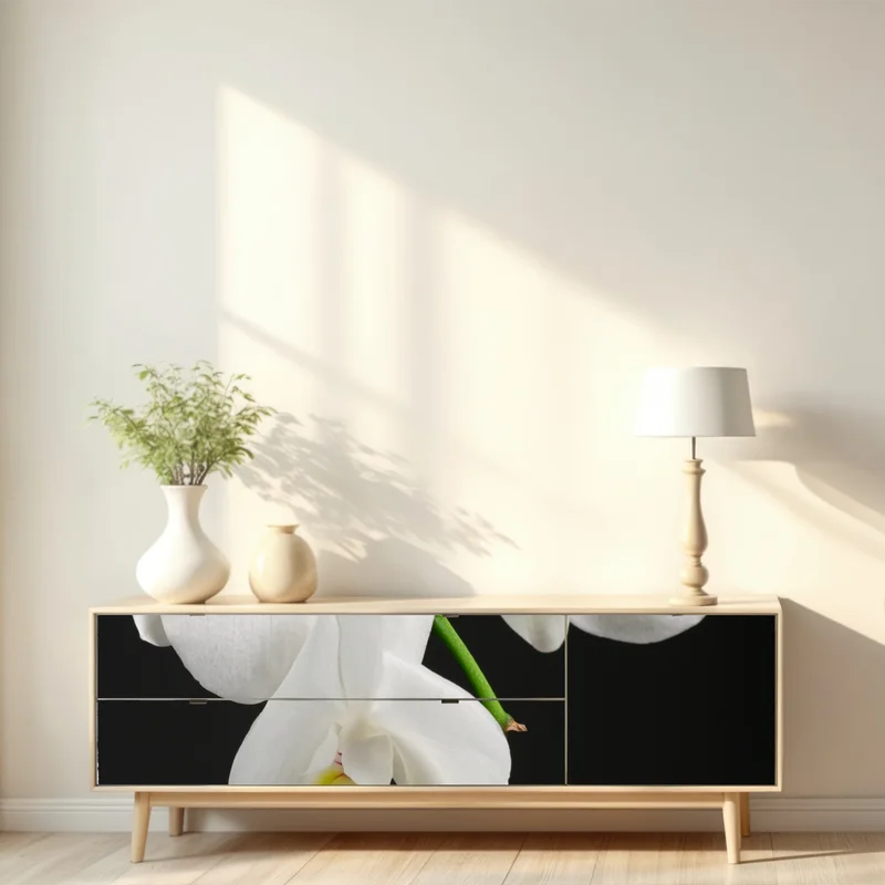 Repositionierbarer Aufkleber weißer orchideenzweig vor schwarzem hintergrund