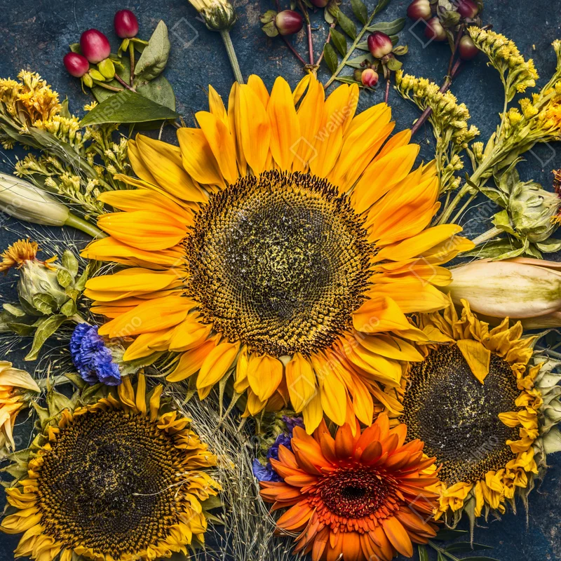 Repositionierbarer Aufkleber herbstlicher sonnenblumenstrauß auf dunklem rustikalem hintergrund Repositionierbarer Aufkleber herbstlicher sonnenblumenstrauß auf dunklem rustikalem hintergrund
