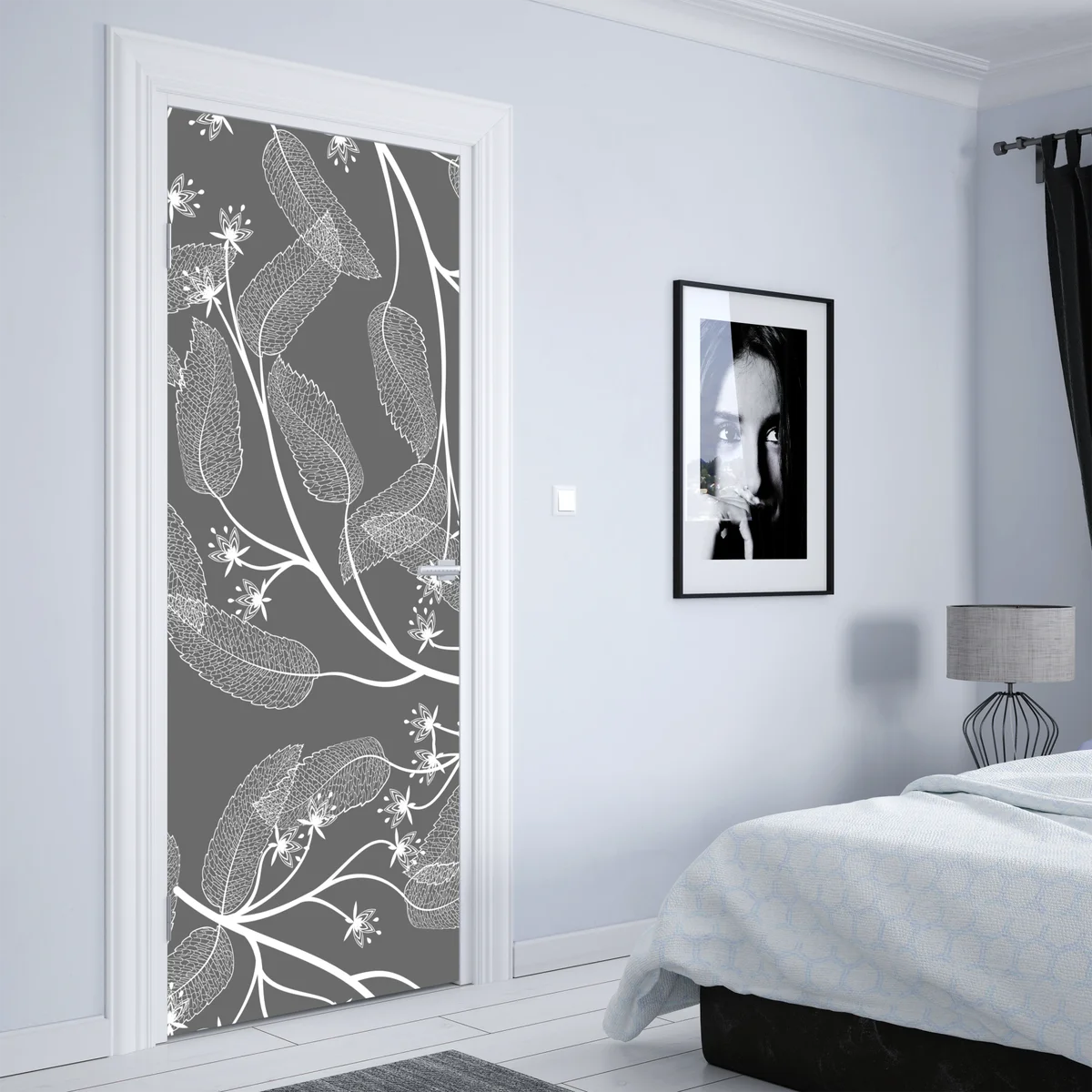 Türaufkleber zarte weiße blätter auf grauem hintergrund Türaufkleber zarte weiße blätter auf grauem hintergrund