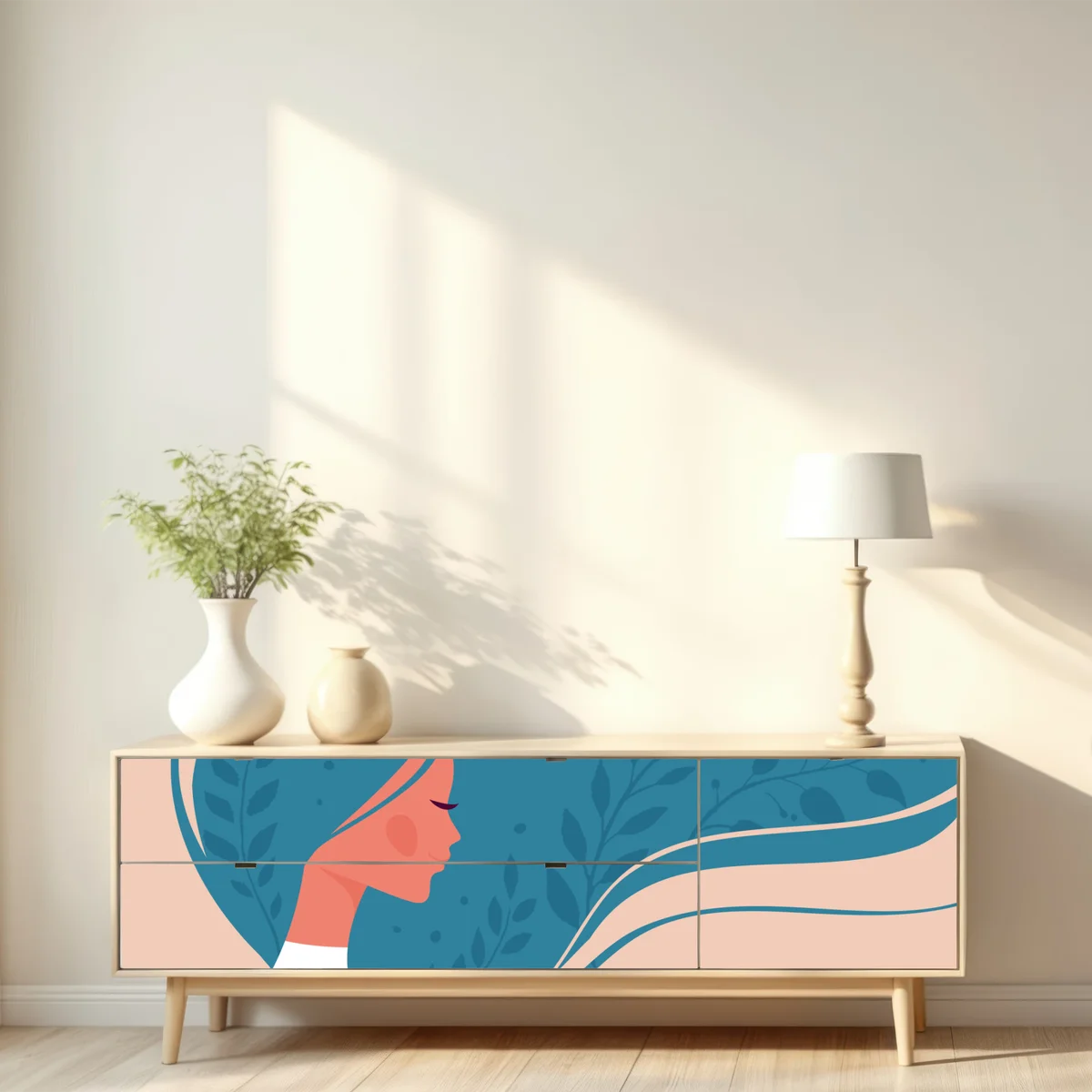 Repositionierbarer Aufkleber sanftes blumiges profil mit fließendem haar Repositionierbarer Aufkleber sanftes blumiges profil mit fließendem haar