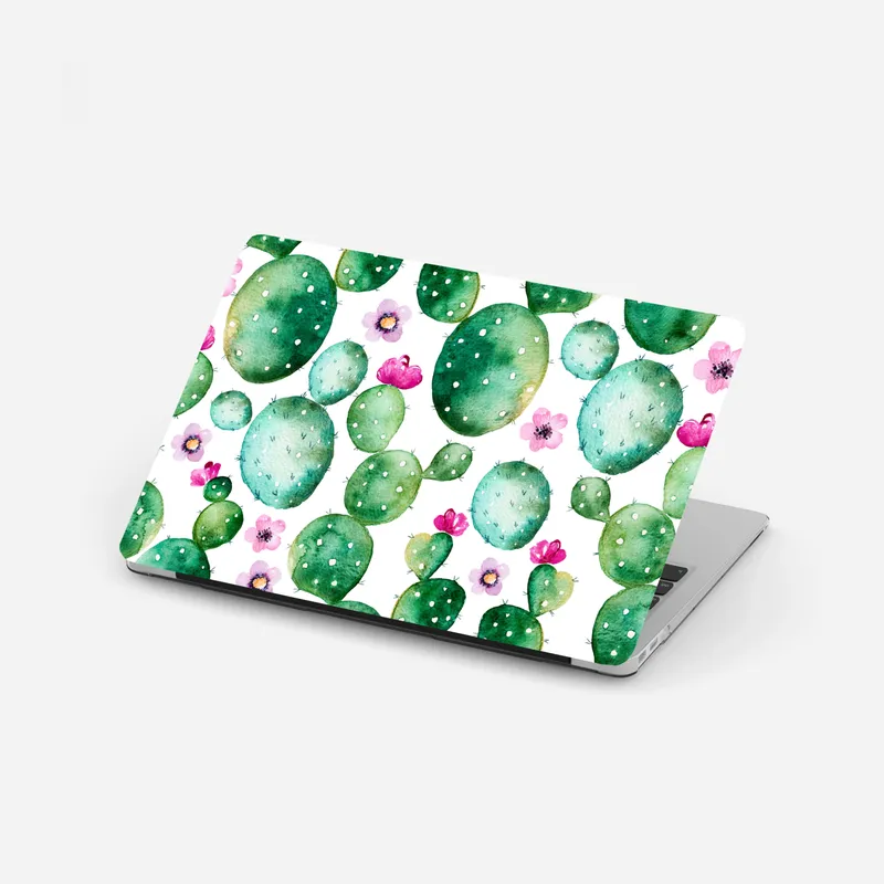 Laptop-Aufkleber grünes aquarell-kaktusmuster mit rosa blüten