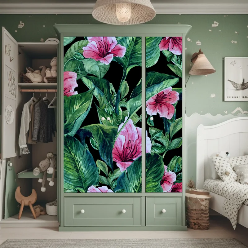 Schrankaufkleber rosa aquarellblumen auf schwarzem hintergrund