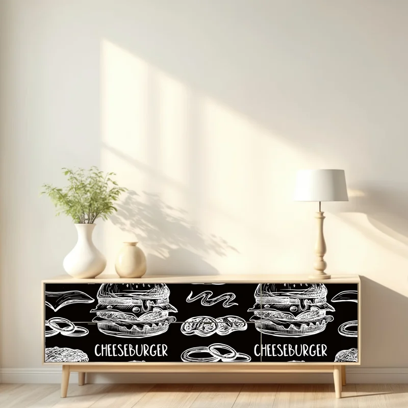 Repositionierbarer Aufkleber handgezeichnetes burger-muster auf schwarzem hintergrund Repositionierbarer Aufkleber handgezeichnetes burger-muster auf schwarzem hintergrund