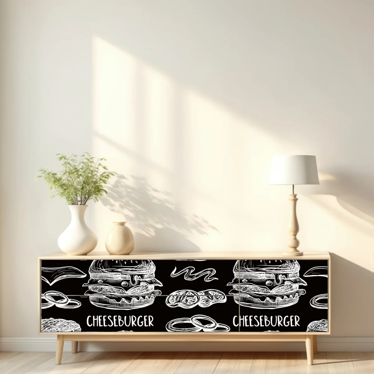 Repositionierbarer Aufkleber handgezeichnetes burger-muster auf schwarzem hintergrund Repositionierbarer Aufkleber handgezeichnetes burger-muster auf schwarzem hintergrund