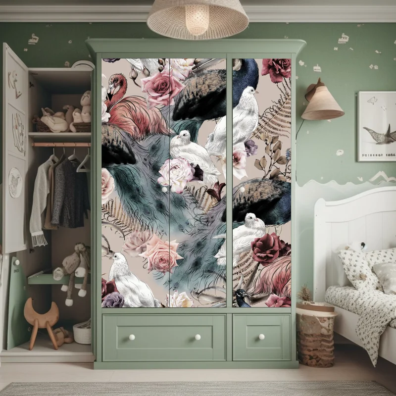 Schrankaufkleber aquarellmuster mit vögeln und rosen