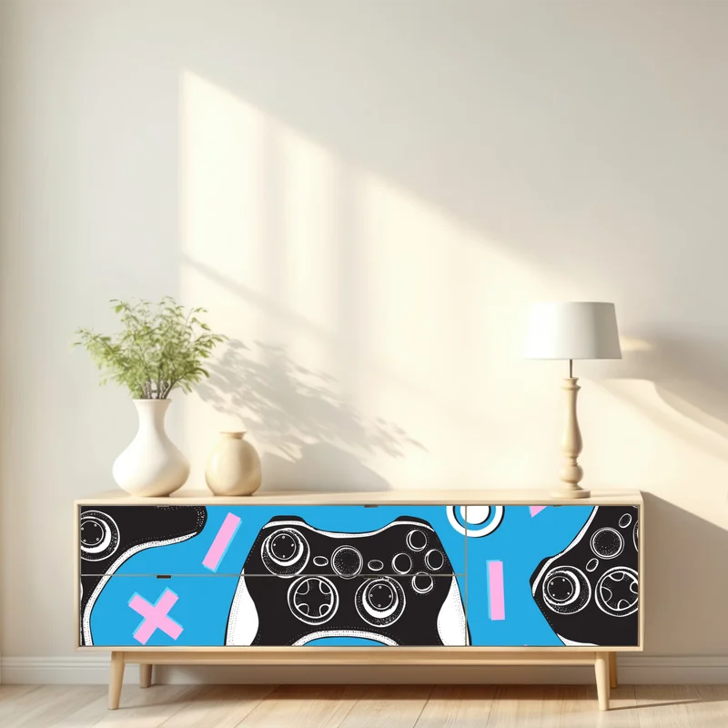 Repositionierbarer Aufkleber muster mit gamecontrollern auf blauem hintergrund