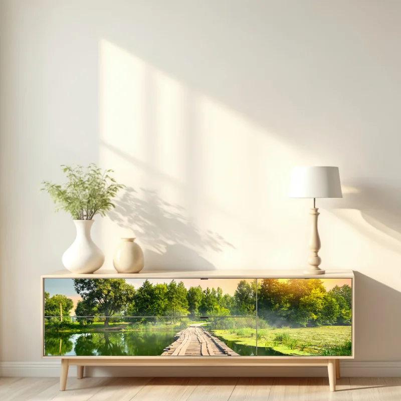 Repositionierbarer Aufkleber sonnige hölzerne brücke über ruhigen see