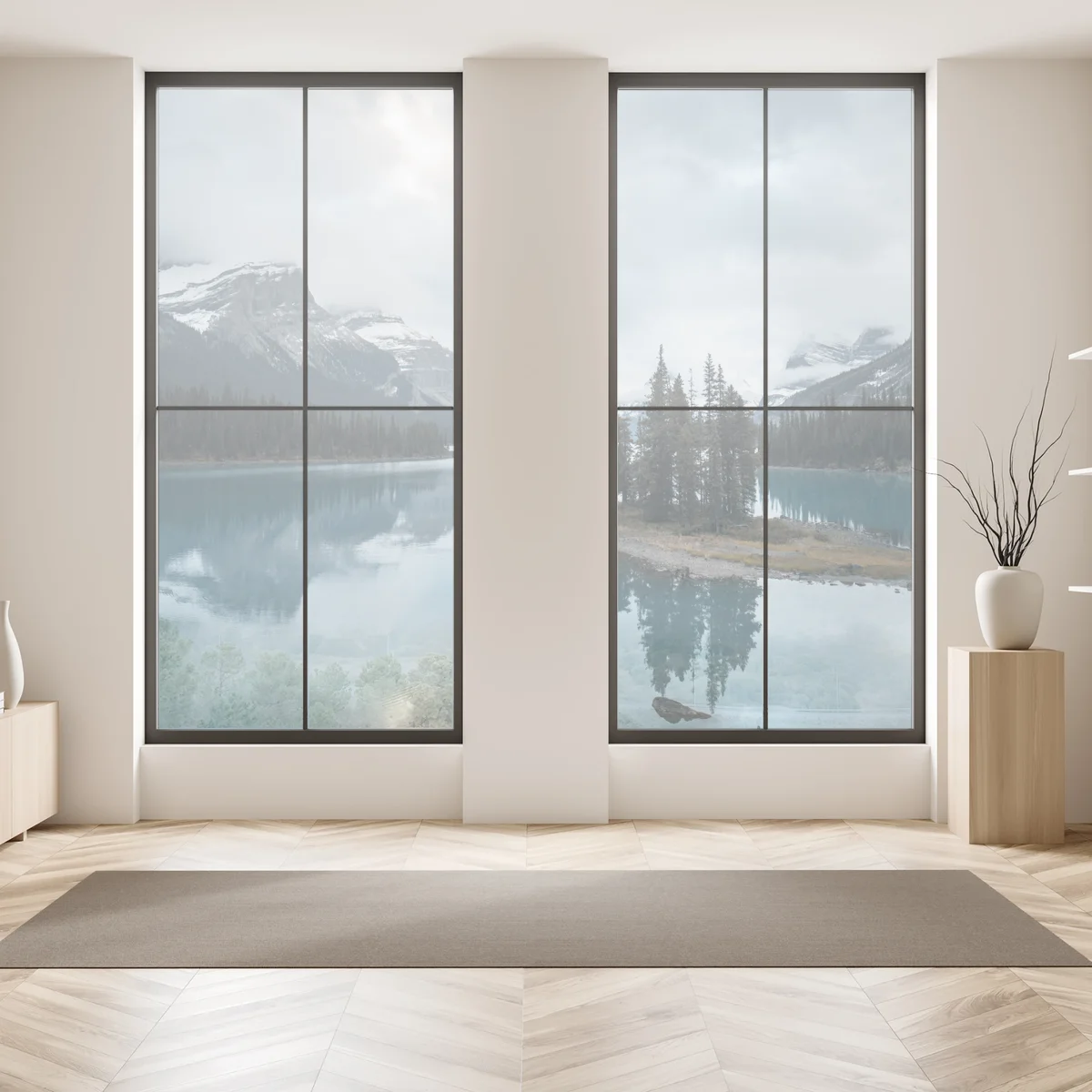 Fensteraufkleber ruhiger alpensee mit insel und kajak Fensteraufkleber ruhiger alpensee mit insel und kajak