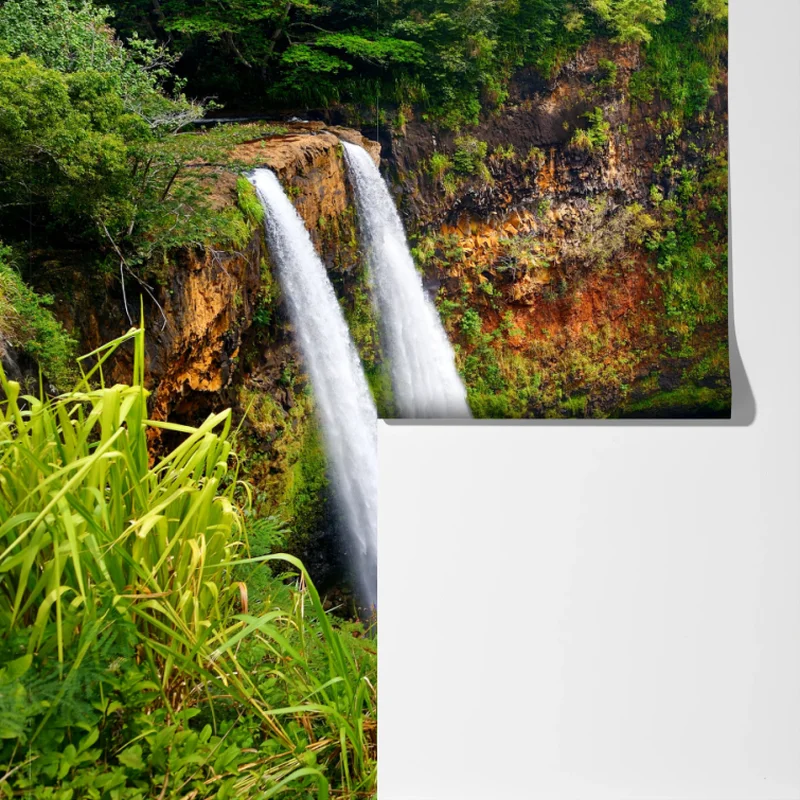 Fototapete doppelter wasserfall im üppig grünen wald Fototapete doppelter wasserfall im üppig grünen wald