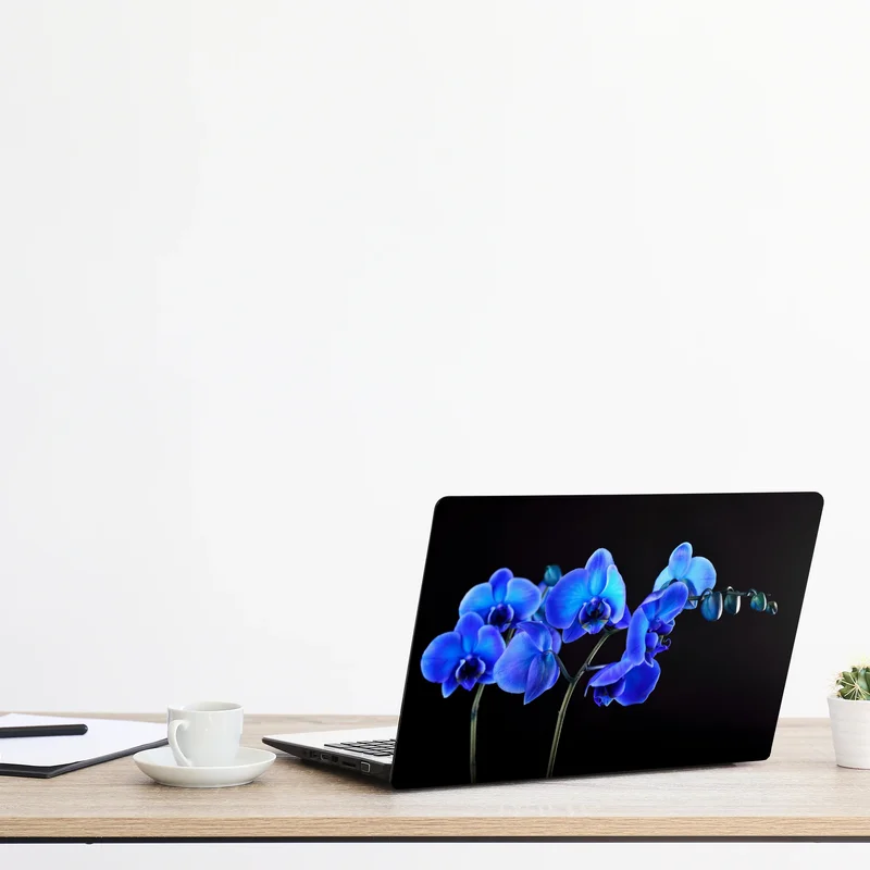Naklejka na laptopa intensywna niebieska orchidea na czarnym tle