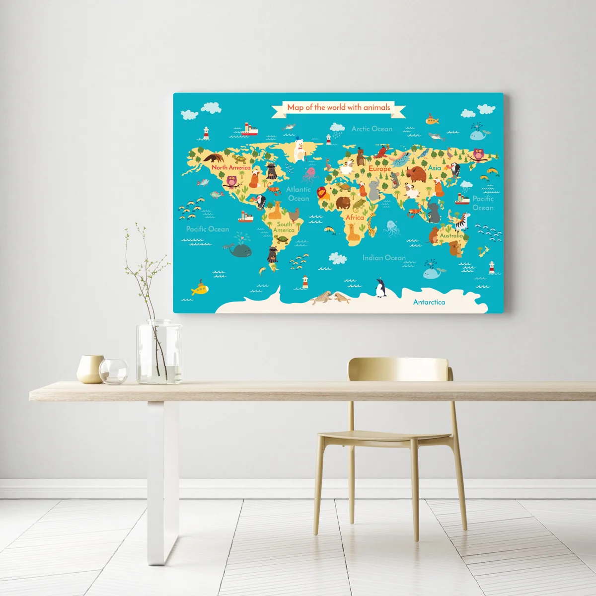 Leinwandbild verspielte weltkarte mit tieren Leinwandbild verspielte weltkarte mit tieren