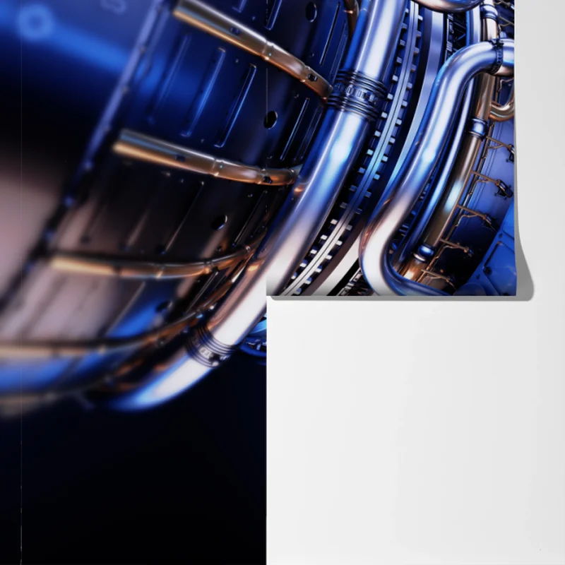 Fototapete nahaufnahme einer turbinenanlage in blau und orange Fototapete nahaufnahme einer turbinenanlage in blau und orange