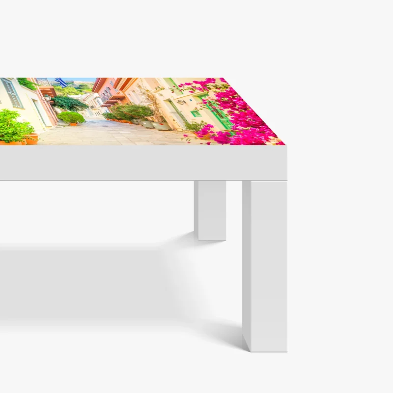 Tischaufkleber und Schreibtischaufkleber sonnige griechische gasse mit bougainvillea