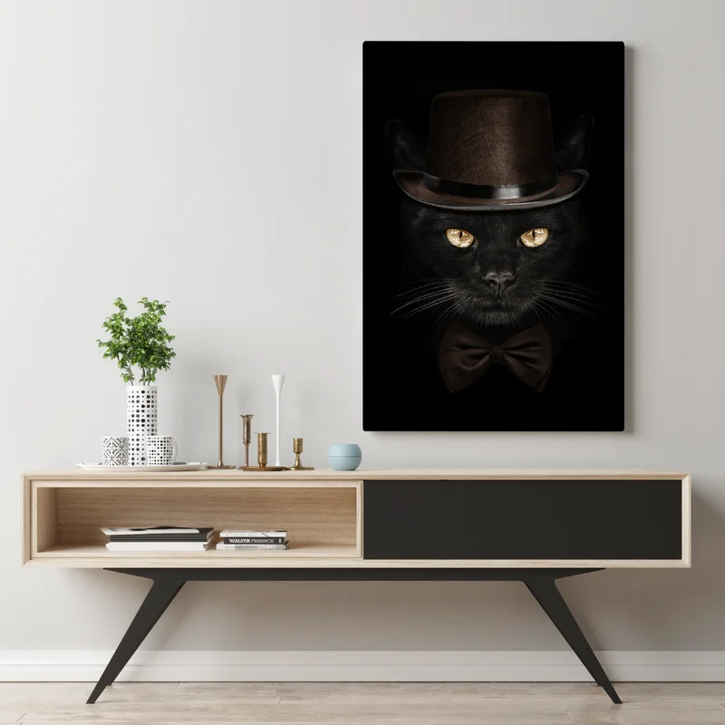 Leinwandbild elegante schwarze katze mit zylinder und fliege Leinwandbild elegante schwarze katze mit zylinder und fliege