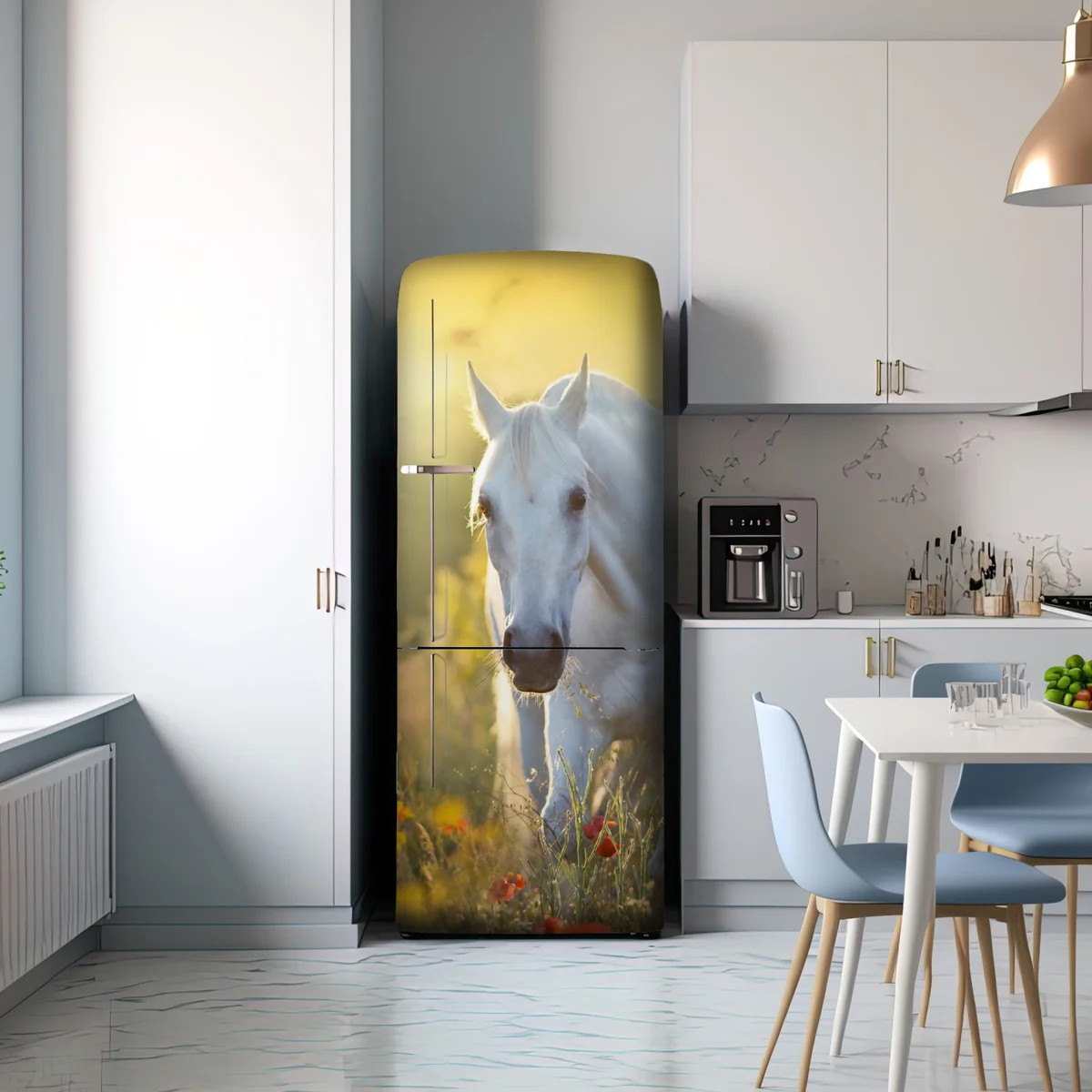Kühlschrankaufkleber weißes pferd im mohnfeld bei sonnenaufgang Kühlschrankaufkleber weißes pferd im mohnfeld bei sonnenaufgang