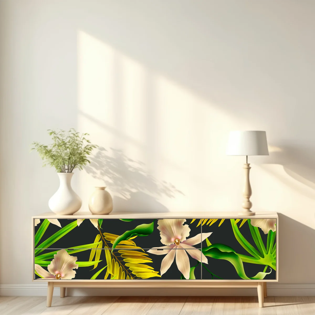 Repositionierbarer Aufkleber tropisches orchideenmuster auf dunklem hintergrund Repositionierbarer Aufkleber tropisches orchideenmuster auf dunklem hintergrund