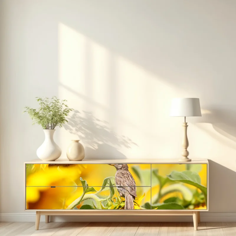 Repositionierbarer Aufkleber spatz auf einer sonnenblume