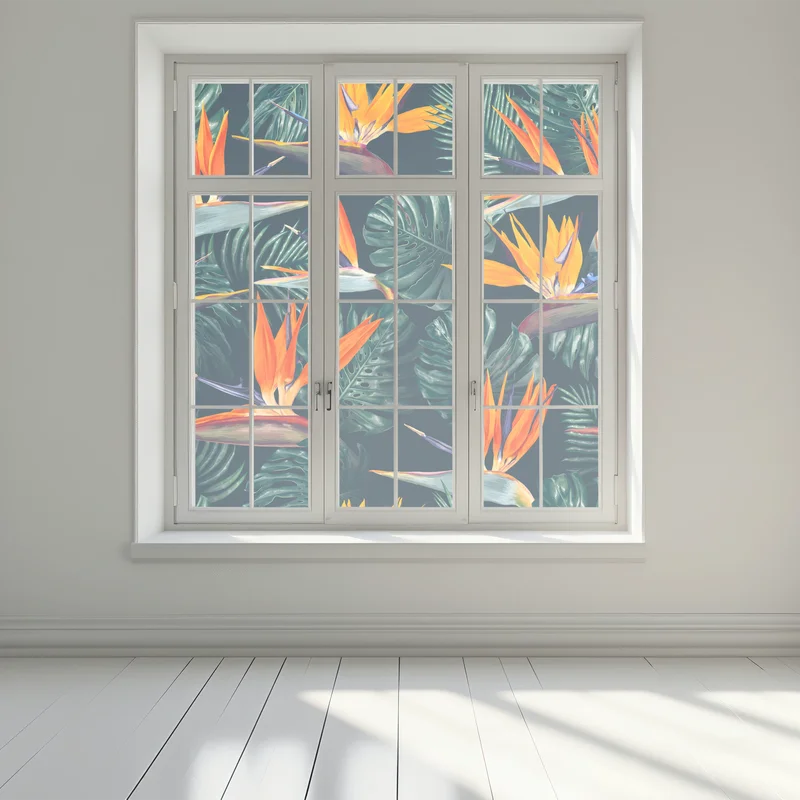 Naklejka na okno egzotyczny motyw rajskich ptaków i liści monstery