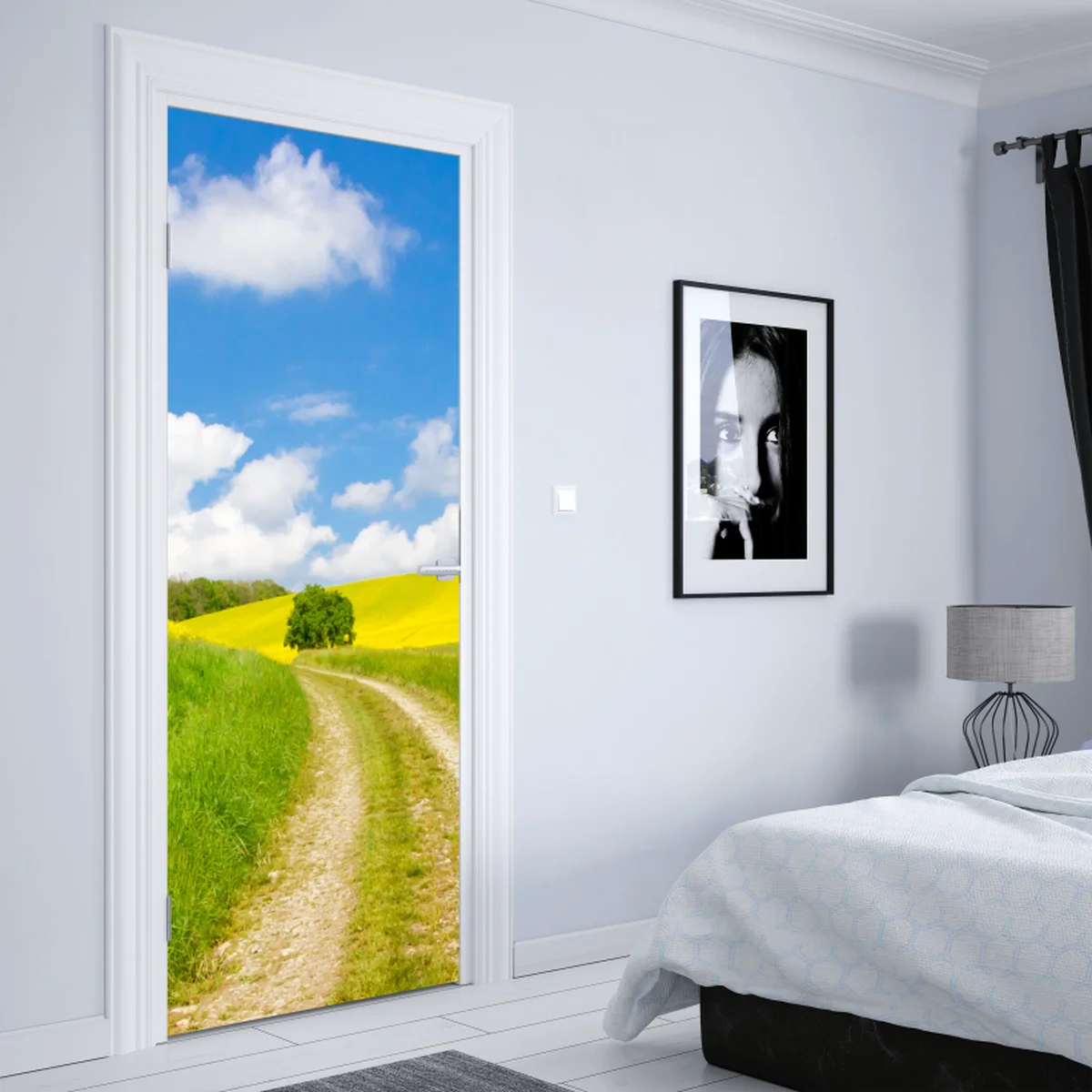 Türaufkleber sonniger landeweg durch gelbe felder Türaufkleber sonniger landeweg durch gelbe felder