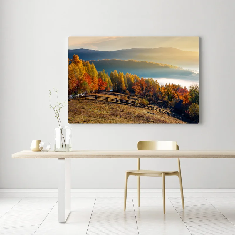 Leinwandbild nebliger herbstlicher sonnenaufgang auf dem land Leinwandbild nebliger herbstlicher sonnenaufgang auf dem land