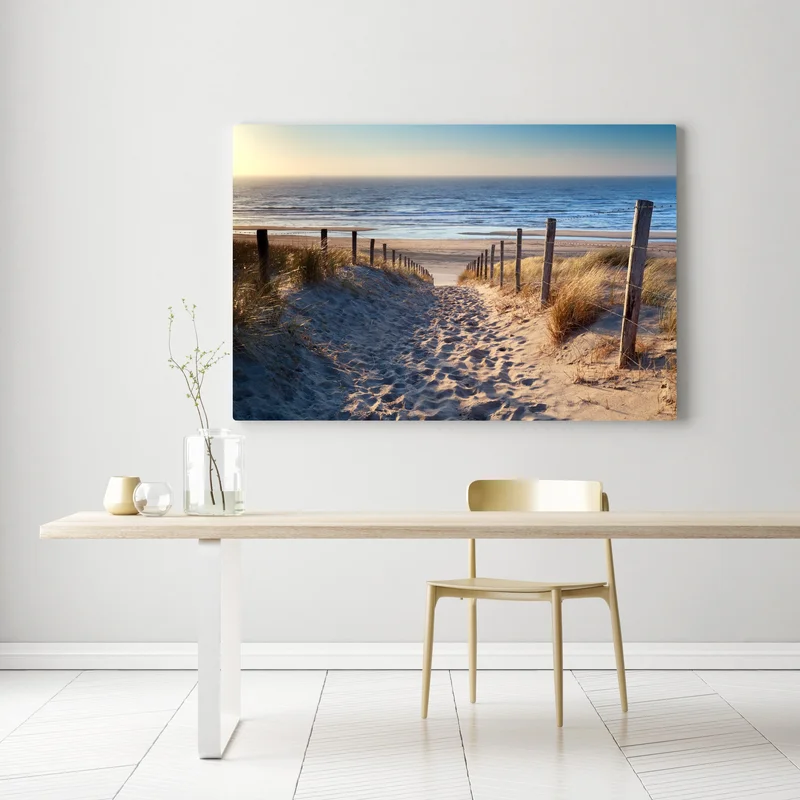 Leinwandbild weg zum strand der Nordsee im goldenen sonnenuntergang Leinwandbild weg zum strand der Nordsee im goldenen sonnenuntergang
