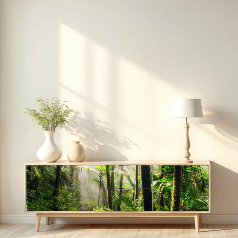 Repositionierbarer Aufkleber tropischer regenwald mit sonnenstrahlen Repositionierbarer Aufkleber tropischer regenwald mit sonnenstrahlen