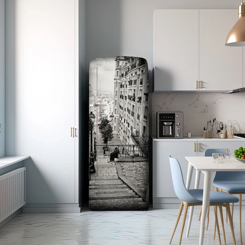 Kühlschrankaufkleber städtische treppe in schwarzweiß