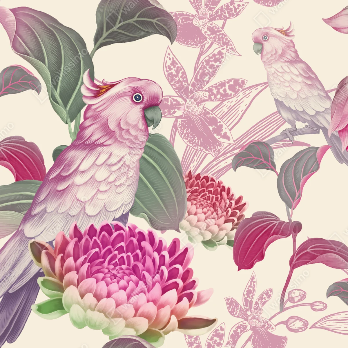 Kühlschrankaufkleber rosa papagei und chrysantheme - botanisches motiv Kühlschrankaufkleber rosa papagei und chrysantheme - botanisches motiv