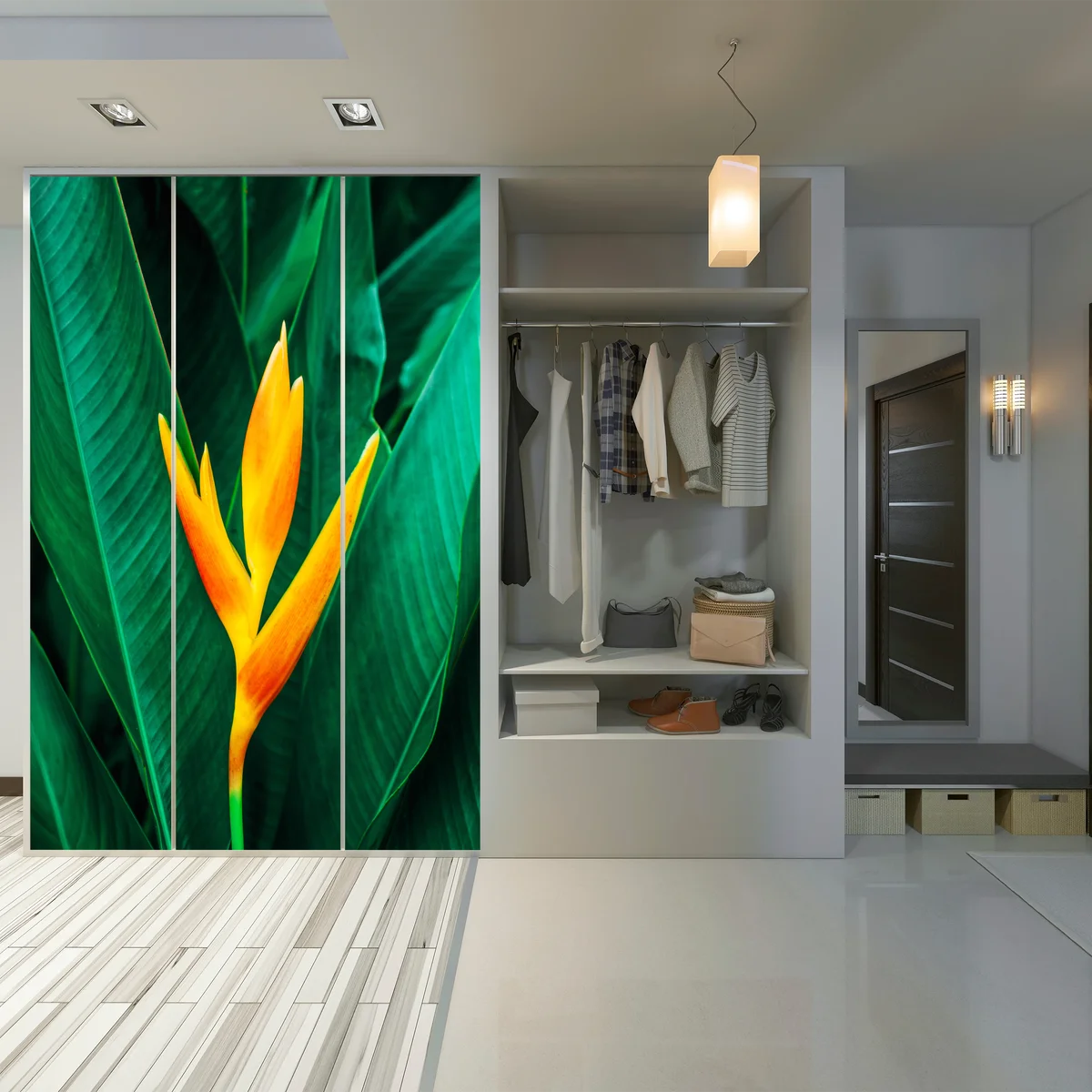 Schrankaufkleber leuchtende tropische heliconia vor satten grünen blättern Schrankaufkleber leuchtende tropische heliconia vor satten grünen blättern