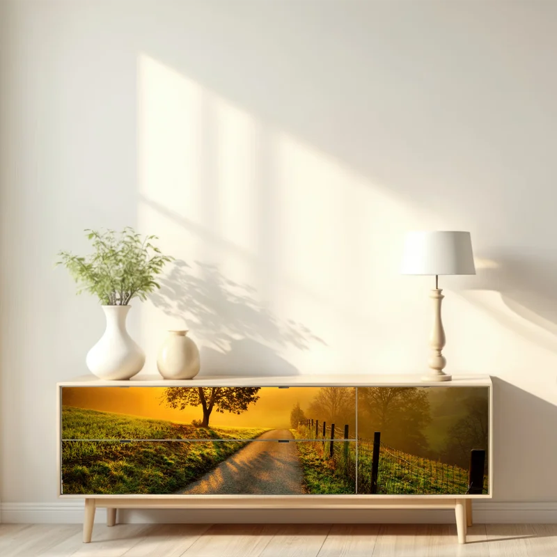 Repositionierbarer Aufkleber sonnenbeschienener landweg durch die morgenwiese