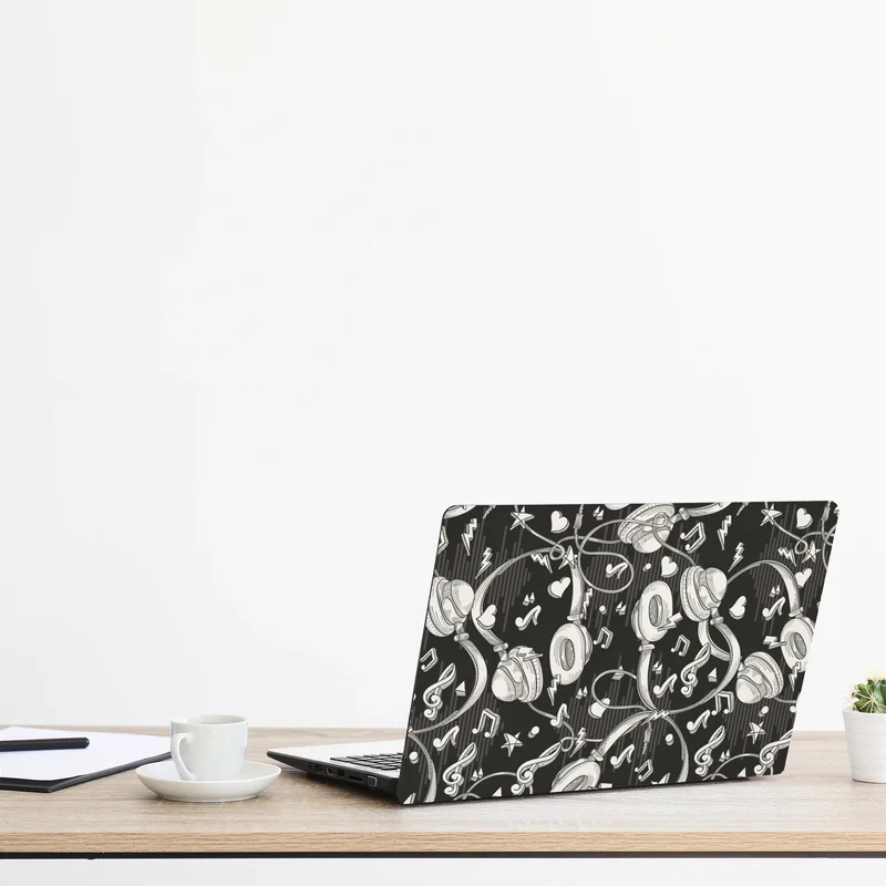 Laptop-Aufkleber monochromatisches muster mit kopfhörern und noten Laptop-Aufkleber monochromatisches muster mit kopfhörern und noten