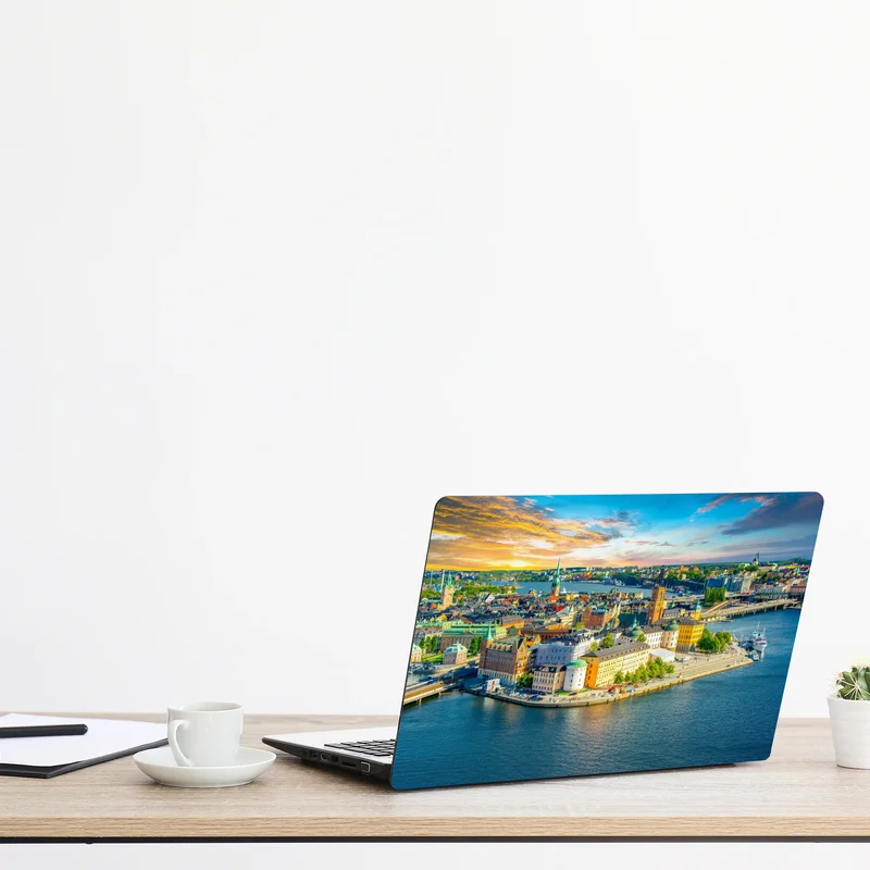 Laptop-Aufkleber lebendige stadtansicht von Stockholm bei sonnenuntergang