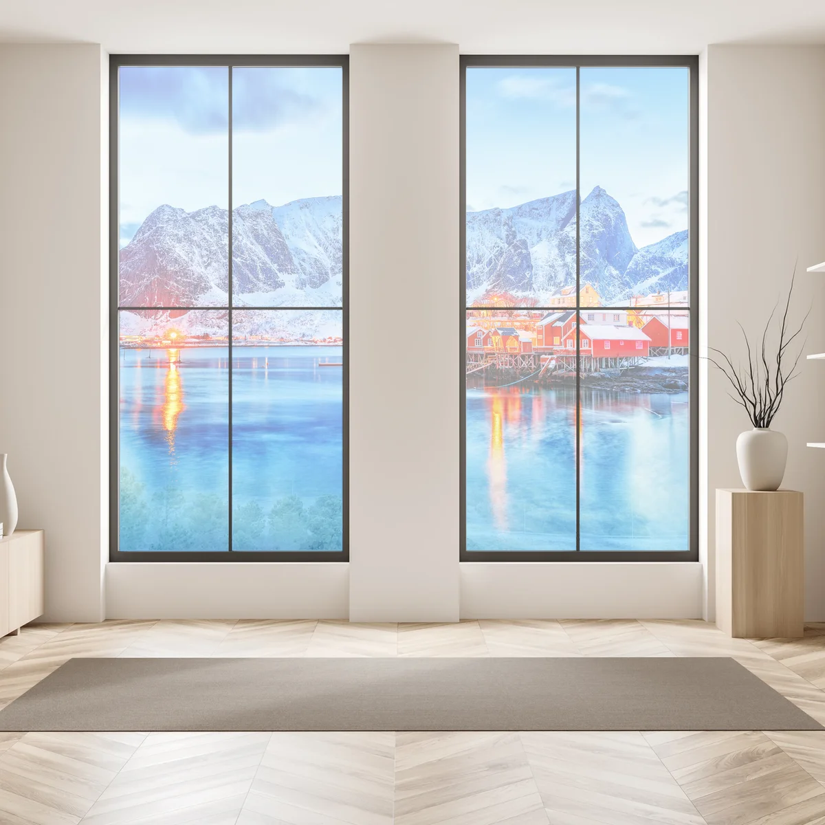 Fensteraufkleber verschneites küstendorf unter hohen bergen Fensteraufkleber verschneites küstendorf unter hohen bergen