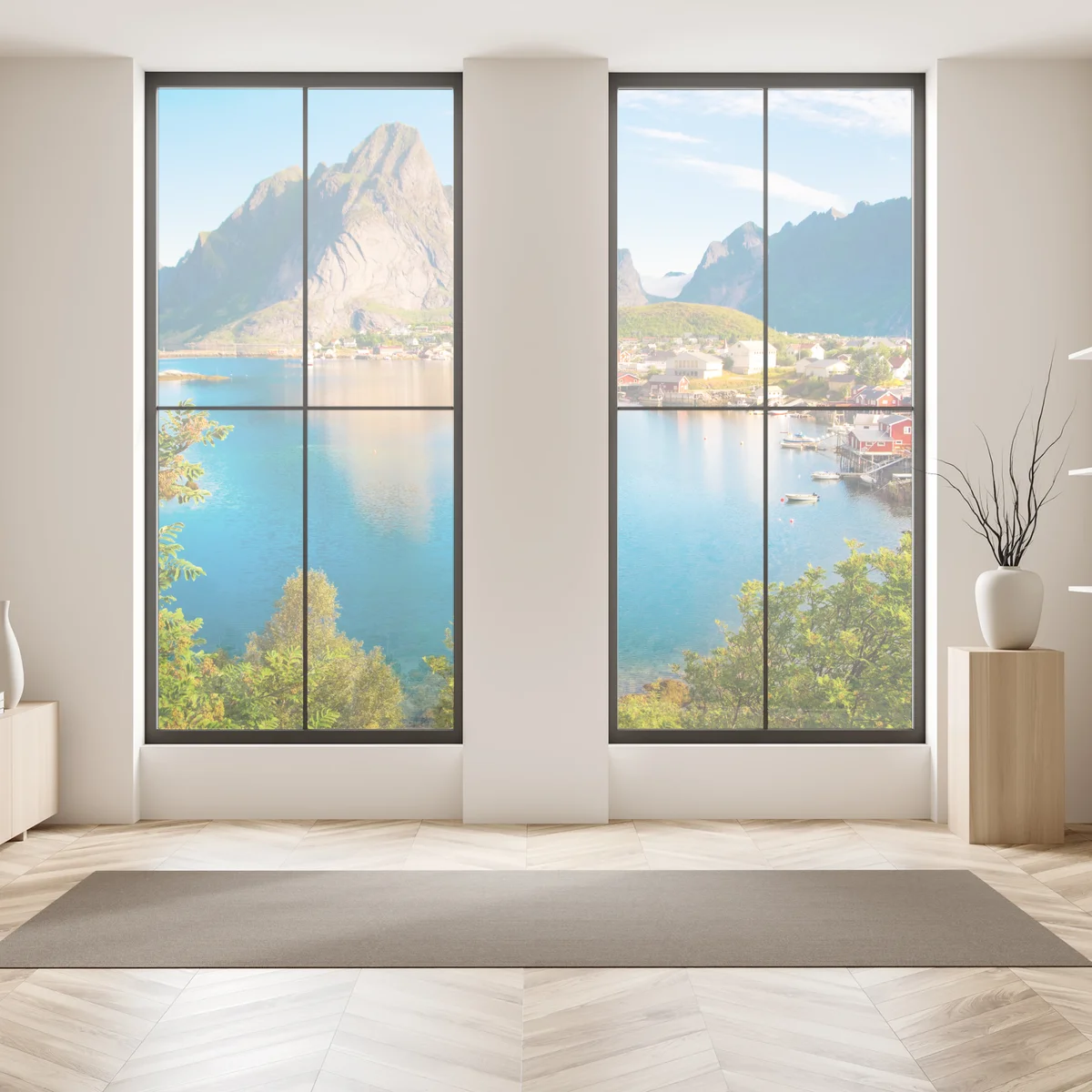Fensteraufkleber ruhiges fjorddorf mit bergen und spiegelungen Fensteraufkleber ruhiges fjorddorf mit bergen und spiegelungen