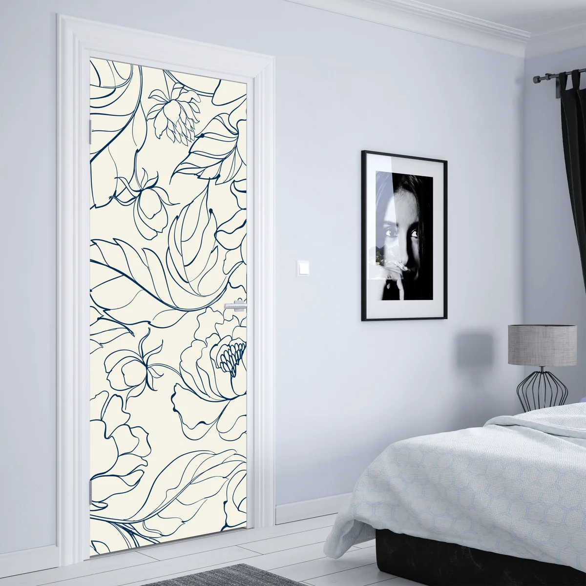 Türaufkleber handgezeichnetes marineblaues blumenmuster auf creme Türaufkleber handgezeichnetes marineblaues blumenmuster auf creme