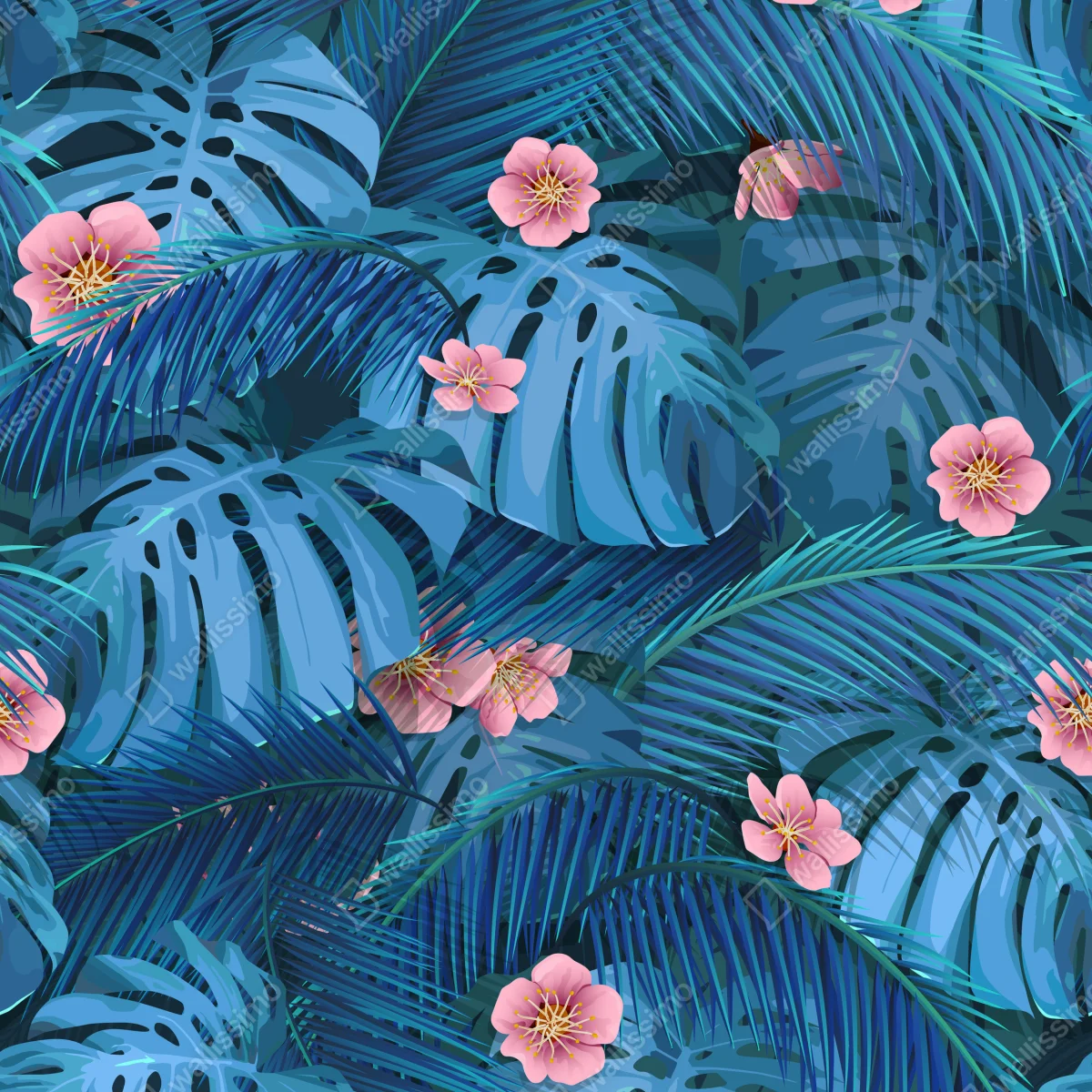 Poster türkisfarbene tropische monstera-blätter mit rosa blüten • Poster bei Wallnifity® Poster türkisfarbene tropische monstera-blätter mit rosa blüten • Poster bei Wallnifity®